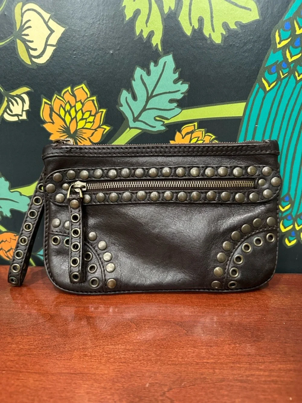 Vintage Bally Studded Leather Wristlet Clutch Y2K Moto Brown - Picture 4 of 11